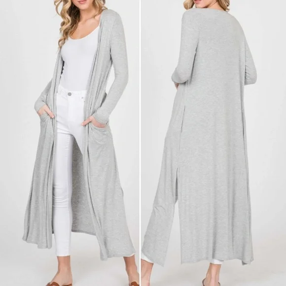 S-3X Knit Rayon Spandex Long Body Duster Cardigan - Picture 5 of 5